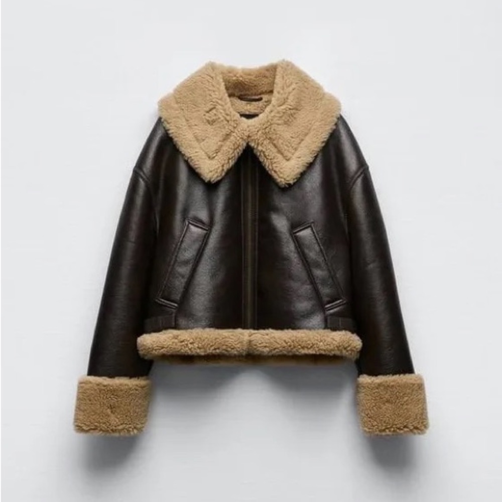 ZARA brown double faced faux leather sherpa jacket